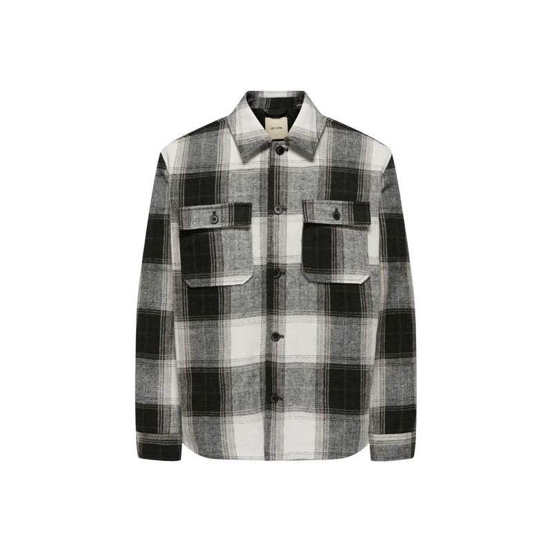 Only Blazer à carreaux pour homme en polyester noir, avec une chemise en flanelle à carreaux noirs et blancs et deux poches poitrine.