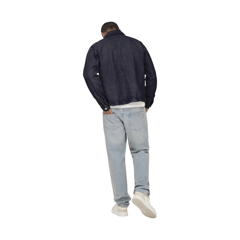 veste en denim de coton bleu foncé par Only Et fils avec col classique et poignets boutonnés pour hommes