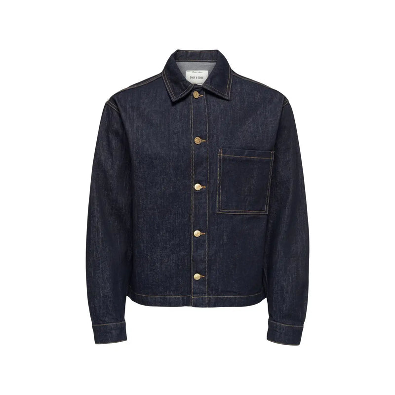Only Veste en jean pour homme de la marque and Sons, en coton indigo foncé, avec boutons dorés et une poche poitrine unique.
