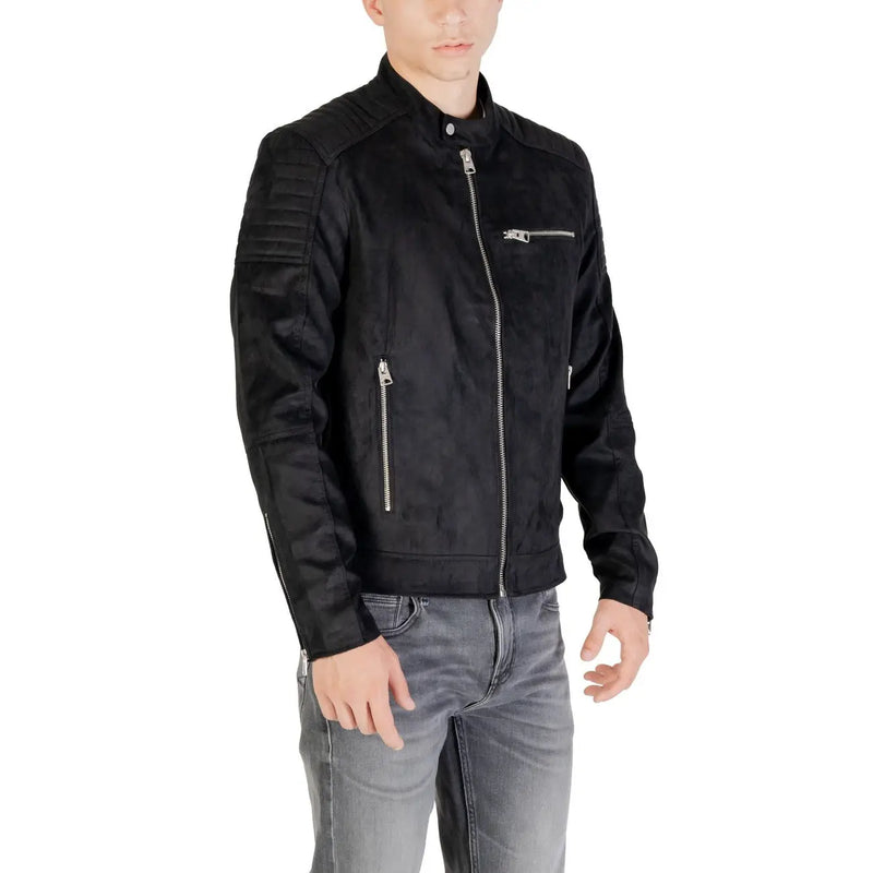 Only and Sons men black faux leather moto jacket with silver zippers and ribbed shoulder panels in suede texture