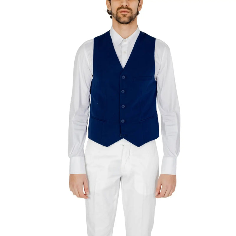 Only Gilet pour homme et fils, en laine bleu marine, avec cinq boutons assortis et un col cranté classique.