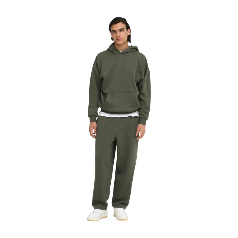 Only Sweat à capuche gris pour homme, mélange de coton, avec capuche vert olive, poche avant et poignets côtelés.
