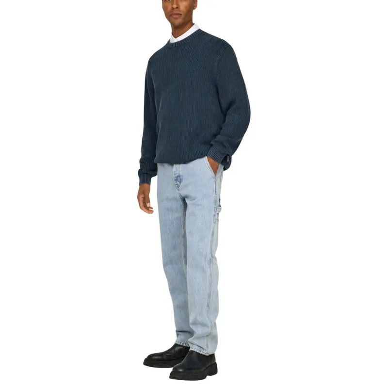 Only & sons Pull homme bleu foncé en maille côtelée, col rond et manches longues, 100 % coton