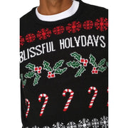 Only Pull de Noël noir en acrylique pour homme, tricoté avec des flocons de neige rouges, du houx vert et un imprimé de cannes de Noël.