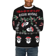 Only Pull en maille pour homme Sons, col rond, en acrylique noir, orné de motifs festifs de Noël rouges, verts et blancs et d'un texte évoquant les fêtes de fin d'année.