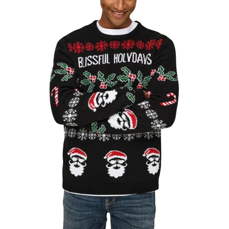 Only Pull en maille pour homme Sons, col rond, en acrylique noir, orné de motifs festifs de Noël rouges, verts et blancs et d'un texte évoquant les fêtes de fin d'année.