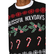 Only and sons men knitwear black acrylic christmas sweater with red snowflakes green holly and candy cane print