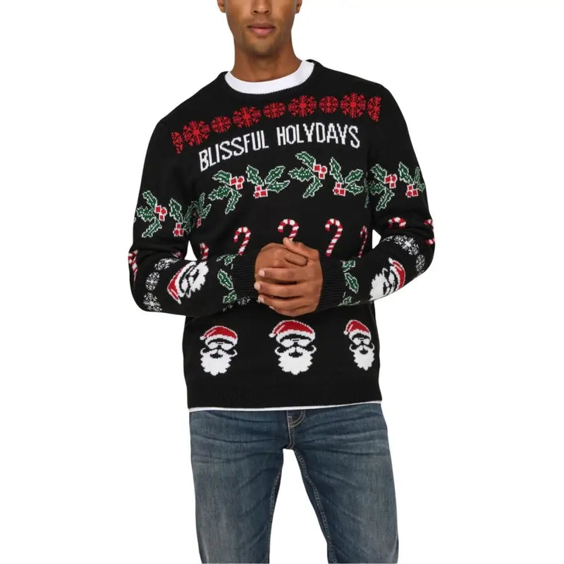Only Pull de Noël pour homme Sons en maille acrylique noire à col rond, orné de motifs festifs rouges et verts, notamment du houx et des cannes de Noël.