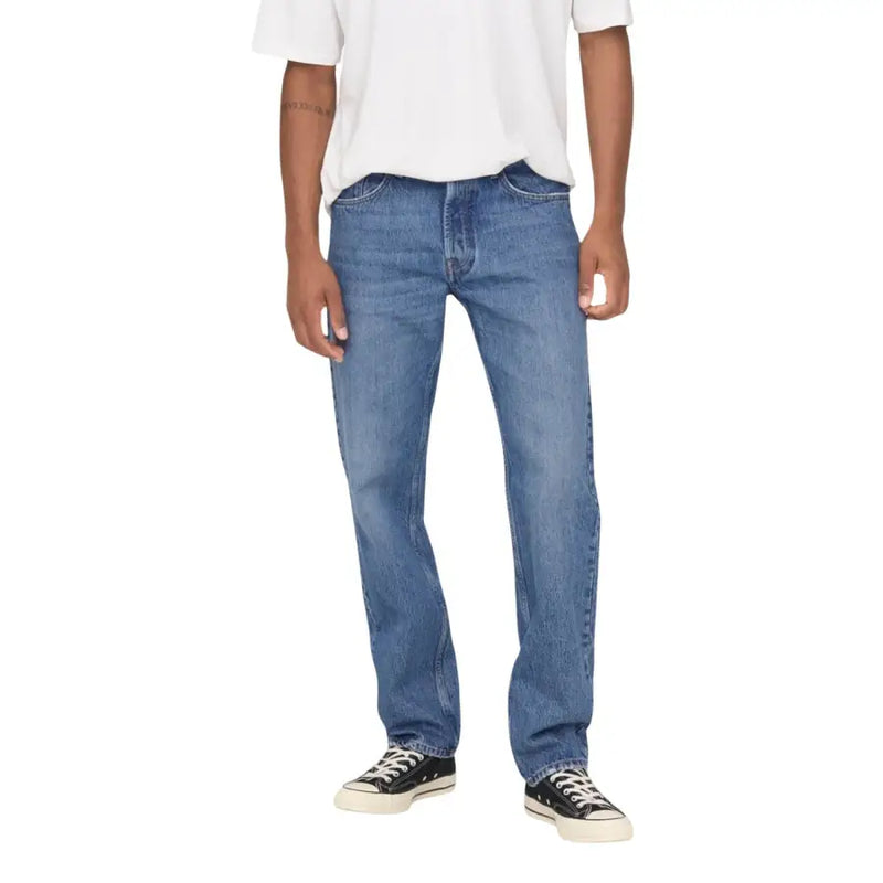 Jean droit en coton bleu moyen avec coutures apparentes de only et fils jeans en coton bleu clair pour hommes 22024939