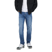 Only and Sons men light blue cotton jeans with a medium wash, classic straight-leg cut, and subtle fading