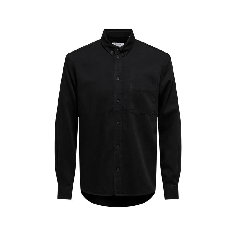 Only & Sons men shirt in black long-sleeved button-down design with chest pocket and classic collar for formal wear