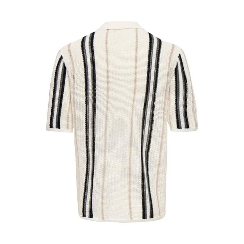 Only Polo homme Sons beige crème en coton tricoté avec de larges rayures verticales noires et un tissu côtelé texturé