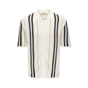 Only & Sons Polo homme beige à rayures en maille de coton crème, manches courtes, boutonné, avec de larges rayures verticales noires.