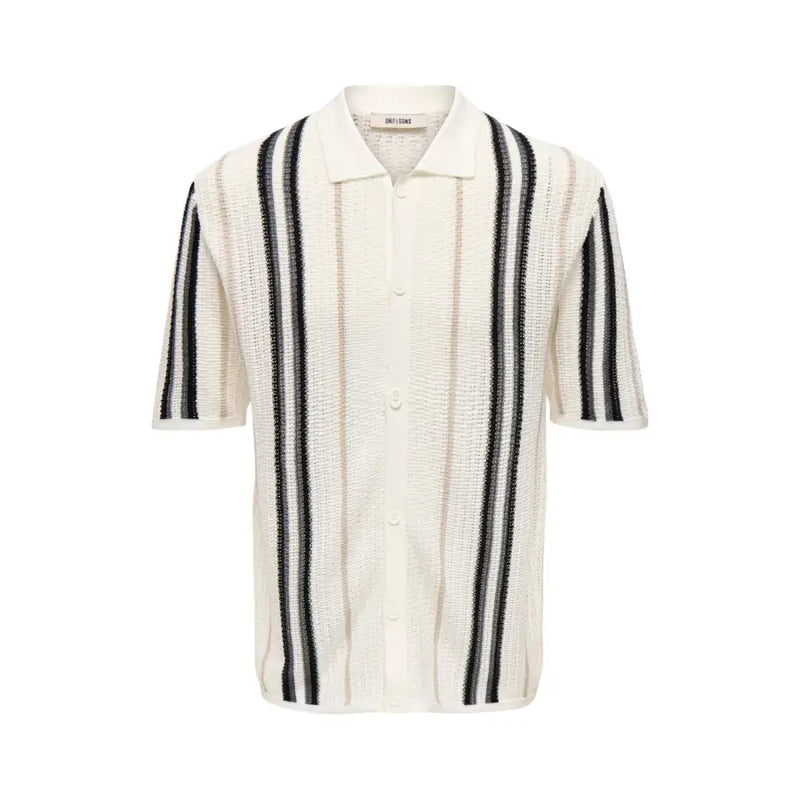 Only & Sons Polo homme beige à rayures en maille de coton crème, manches courtes, boutonné, avec de larges rayures verticales noires.
