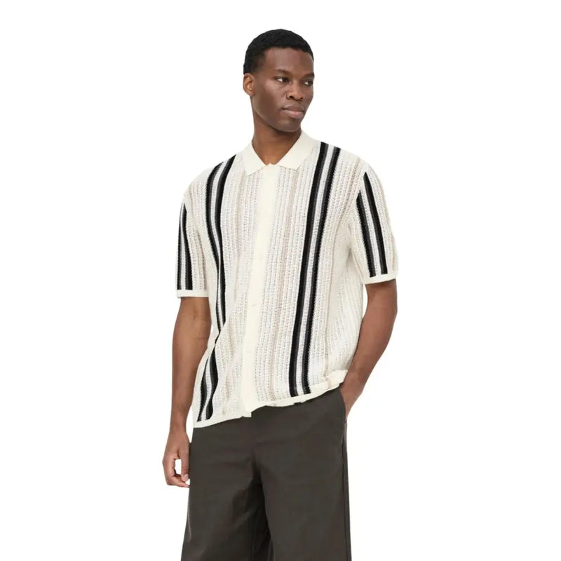 Only & Sons Polo homme en maille de coton beige à larges rayures verticales noires et manches courtes