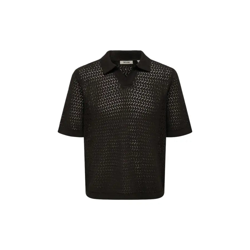 Only & Sons Polo homme noir à col en V et manches courtes en coton biologique texturé à motif chevrons discret