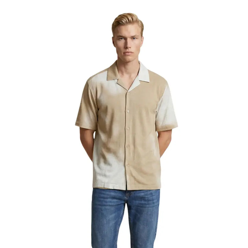 Only & Sons Chemise homme beige et crème bicolore à manches courtes et col boutonné, en tissu mélangé de coton