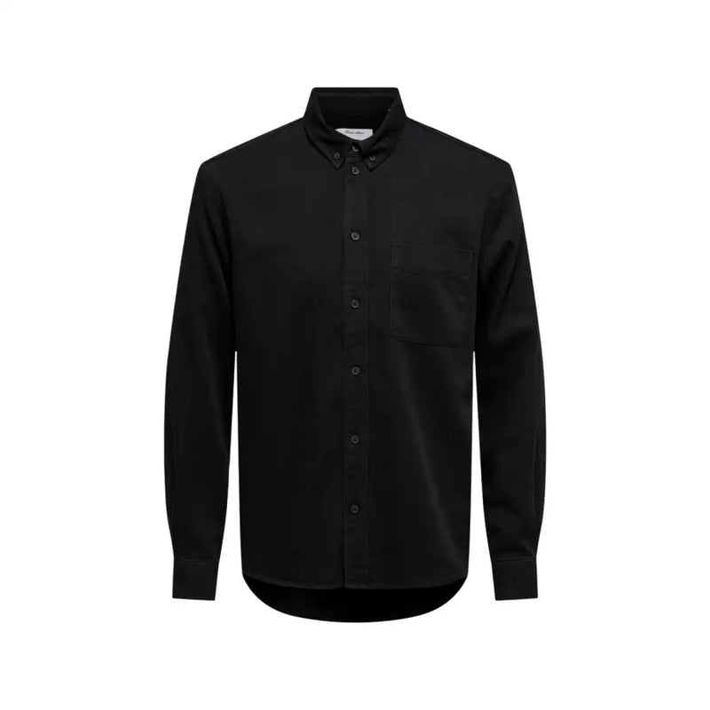 Only & Sons Chemise homme noire à manches longues, boutonnée, avec poche poitrine et col classique, idéale pour les tenues habillées.