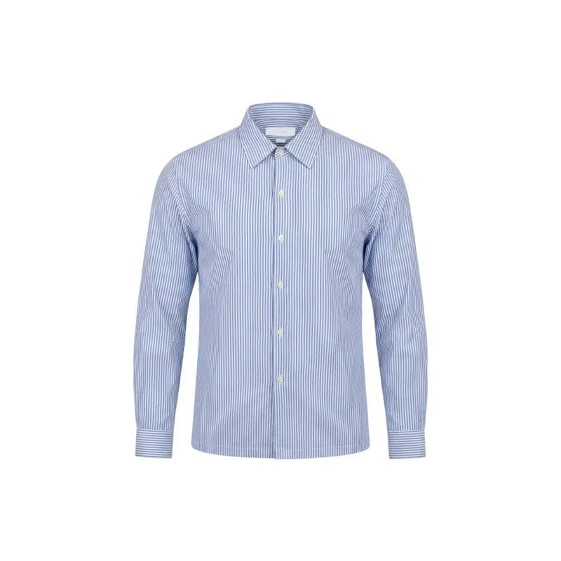 Only & Sons Chemise homme classique à manches longues boutonnée, à fines rayures verticales bleues et blanches, avec col et poignets impeccables.