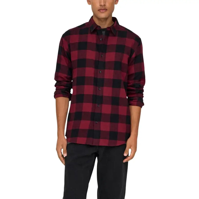 Only Chemise pour homme et fils à carreaux rouges et noirs audacieux, en flanelle douce, manches longues, boutonnée