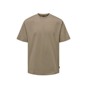 Only & Sons men beige crew-neck t-shirt with short sleeves and subtle side tag made from soft material