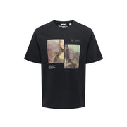 Coton noir Only & Sons hommes t-shirt avec un imprimé graphique de la Joconde divisée avec le texte de Léonard de Vinci au-dessus.