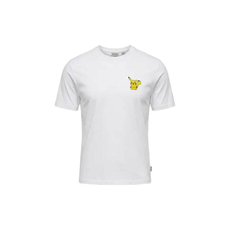 Only & Sons hommes t-shirt T-shirt blanc à manches courtes avec un petit Pikachu jaune imprimé sur la poitrine gauche