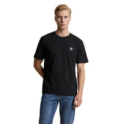 Only T-shirt homme noir en coton biologique à manches courtes et fils, orné d'un petit logo soleil brodé sur la poitrine gauche.
