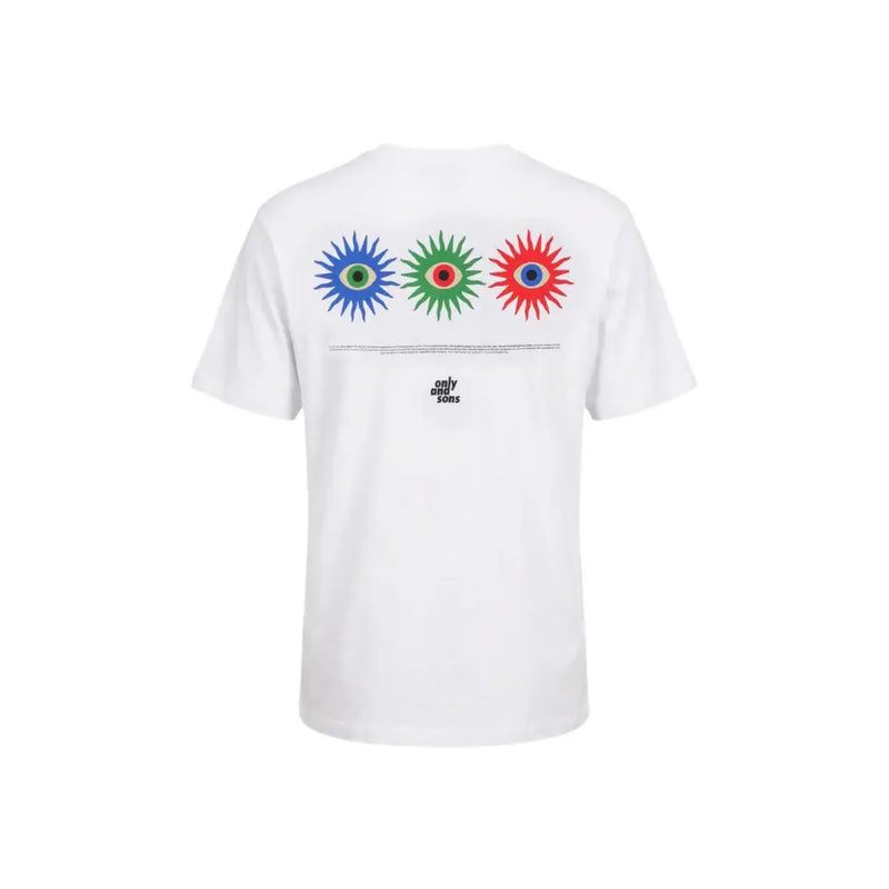Only & sons T-shirt homme blanc en coton bio avec un motif audacieux de trois yeux stylisés bleus, verts et rouges, taille M