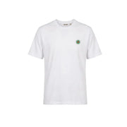 Only & Sons T-shirt homme blanc en coton bio avec petit soleil brodé vert et rouge sur la poitrine gauche, taille M