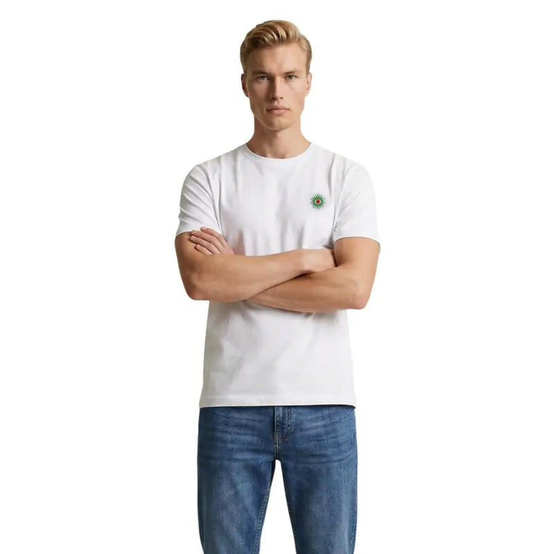 Only T-shirt homme et fils blanc en coton biologique avec petit logo soleil brodé sur la poitrine gauche, taille M