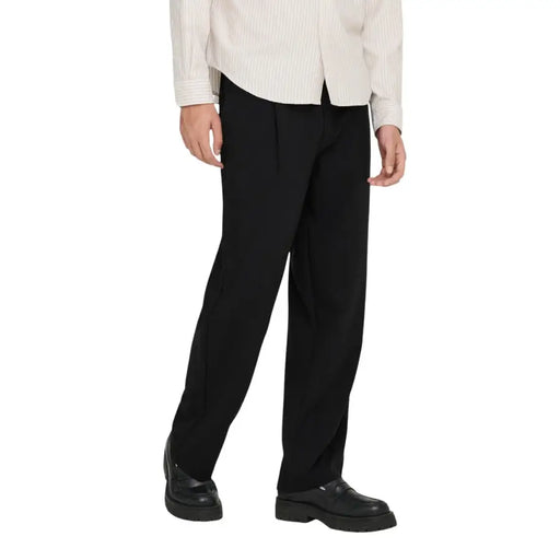 Black tailored trousers by only & sons featuring a straight-leg cut and subtle pleats at the waist