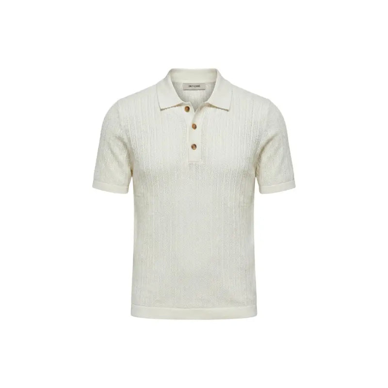 couleur crème only Polo blanc à manches courtes en coton pour homme, avec maille texturée et boutons en bois.
