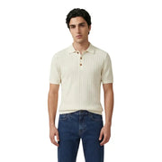 Only Polo homme blanc en coton à manches courtes, maille côtelée couleur crème avec boutons marron et manches courtes