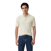 Only and sons men white cotton polo short sleeve shirt cream-colored ribbed knit with brown buttons and short sleeves