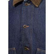 Only Blazer en denim bleu pour homme, en coton, avec col en velours côtelé marron et boutons en laiton.