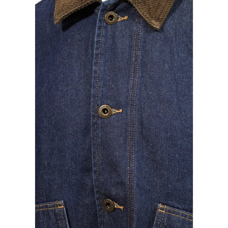 Only Blazer en denim bleu pour homme, en coton, avec col en velours côtelé marron et boutons en laiton.