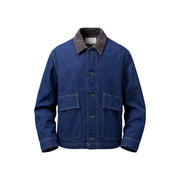 Only Blazer en denim bleu pour homme, veste en coton avec col en velours côtelé marron et deux poches plaquées sur le devant.