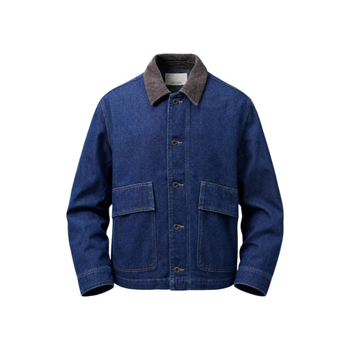 Only Blazer en denim bleu pour homme, veste en coton avec col en velours côtelé marron et deux poches plaquées sur le devant.