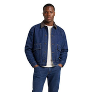 Only Blazer en denim bleu pour homme, en coton, avec col marron contrastant et deux poches avant.
