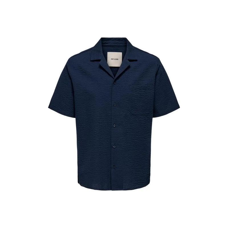 Only Chemise de villégiature pour homme en coton bleu marine, manches courtes, boutonnée, avec un tissage légèrement texturé et un col classique.