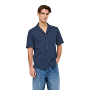 Only Chemise de villégiature pour homme en coton bleu marine, manches courtes, tissage texturé subtil et col classique, de la marque and Sons