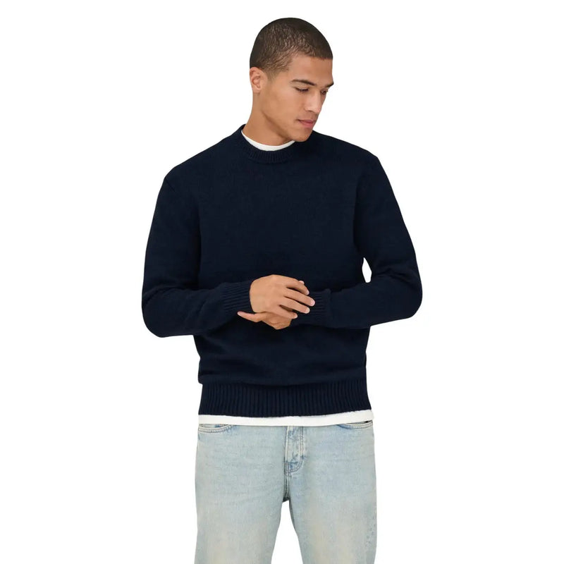 Only & Sons Pull James pour homme, bleu marine, poignets et ourlet côtelés, vue de face