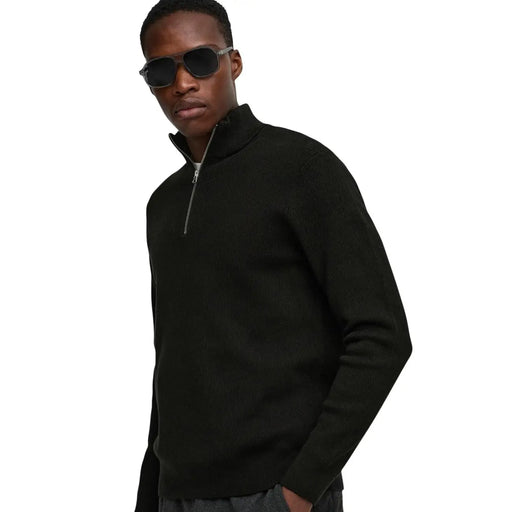 Only Sons sweater Phil for men in black ribbed knit with silver quarter-zipper, front view