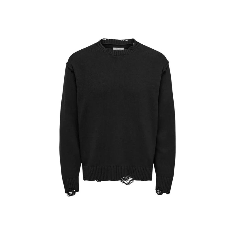 Only Pull Sons Tune pour homme, noir, en maille usée et bords effilochés, vue de face