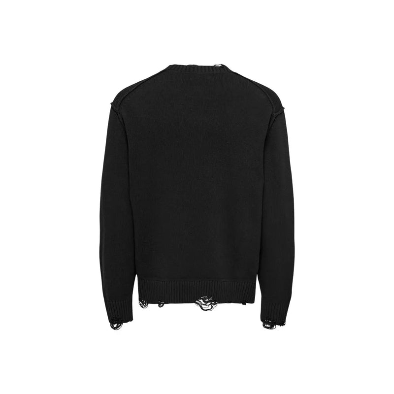 Only Pull Sons Tune pour homme en maille noire avec ourlet et poignets effilochés et effet usé, vue de face