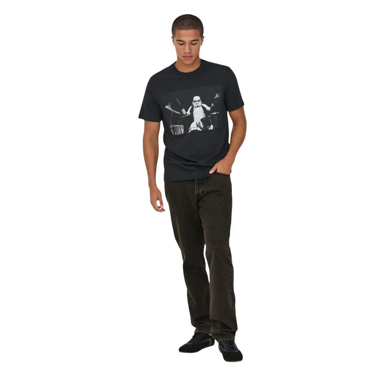 Only Jeans droits t-shirt Pour homme, noir avec un motif de tambour Stormtrooper blanc, vue de face