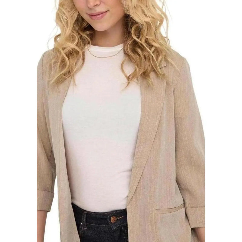 Beige linen-blend blazer with subtle vertical stripes and rolled cuffs from Only Women viscose blend collection