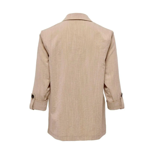 Only Blazer beige en lin pour femme, manches 3/4 retroussées et tissu en viscose mélangée à la texture subtile.