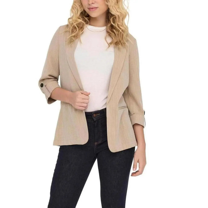 Only women beige blazer with 3/4 rolled sleeves in subtle textured viscose blend fabric for formal wear